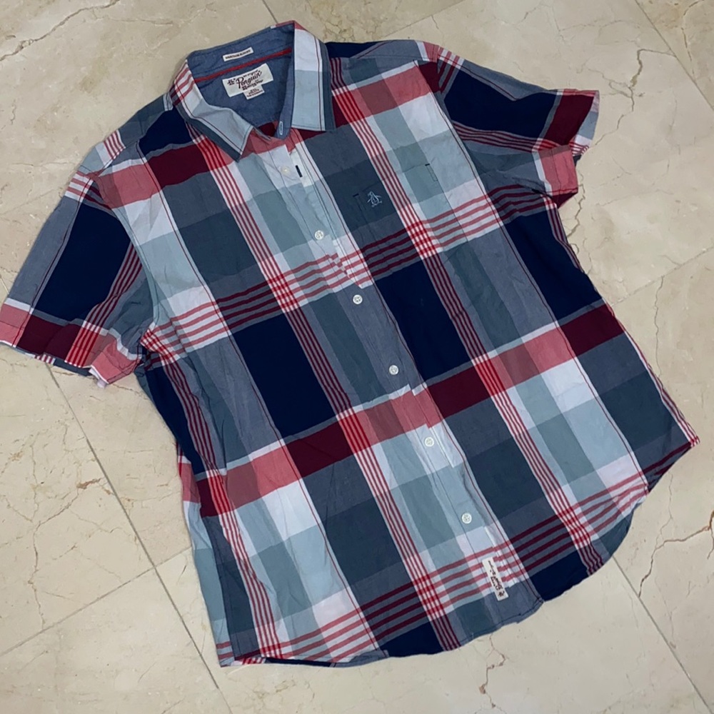 ORIGINAL PENGUIN Short Sleeve Button Down Blue Red Navy White Plaid Shirt